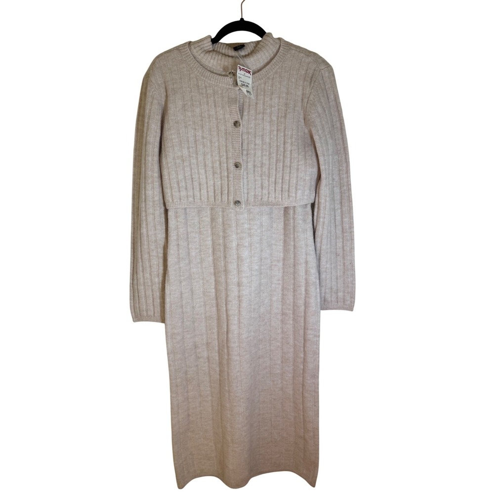NEW House of Harlow 1960 Sweater Dress Cardigan 2 Piece Set‎ Ribbed Knit Beige M - Picture 2 of 15